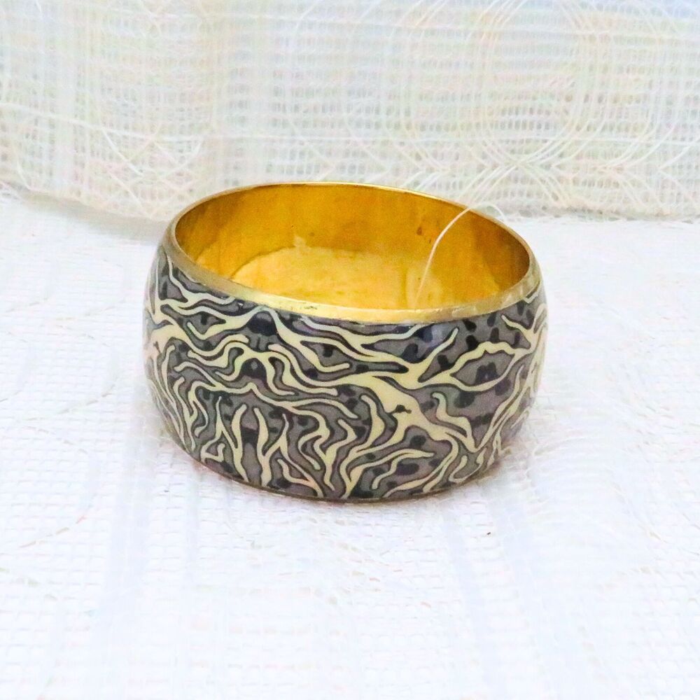 Bangle Bracelet Wide Metal Tan and Black Pattern Women Casual Chunky Neutrals